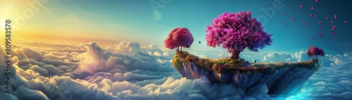 Dreamy landscape of a surreal floating island above the clouds, with whimsical trees and glowing flowers, symbolizing creativity and the power of imagination