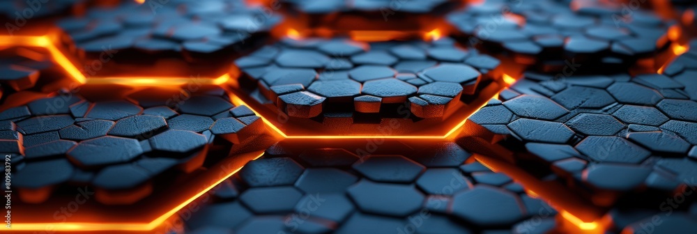 A close-up of a glowing, dark blue hexagonal surface. The hexagons have a cracked texture, and some are glowing with an orange light. Desktop background, website header background A close-up of a glowing, dark blue hexagonal surface. The hexagons have a cracked texture, and some are glowing with an orange light. Desktop background, website header background