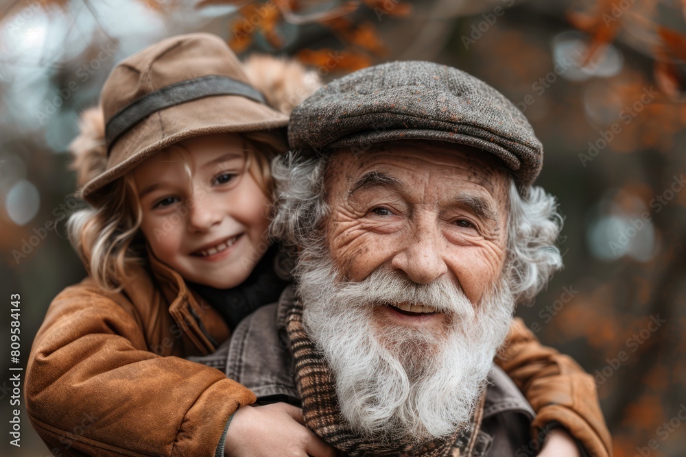 A young child and an old man are wearing brown hats. They are both smiling at the camera. The old man has a long white beard.
