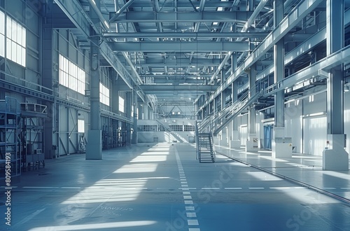  The interior of an industrial factory building, with white lines on the floor and large metal structures