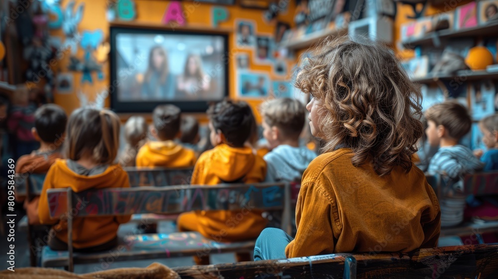 A group of children are sitting in a classroom watching a movie