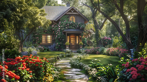 Home nestled within vibrant garden  a serene outdoor haven.