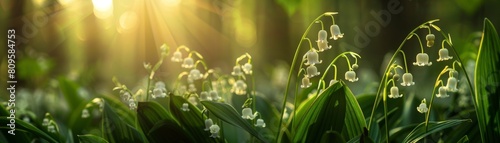 Lily of the Valley Convallaria majalis blooms gracefully in the spring forest photo