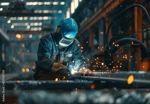 W andersen welding in a factory, sparks flying around, wearing a blue helmet and a dark jacket with a white patch on the chest photo