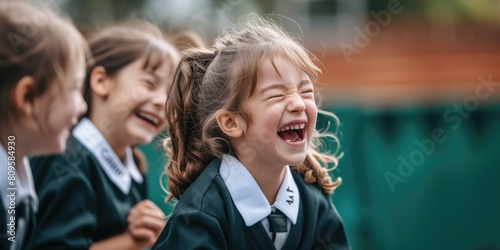 Portrait of smart elementary student laughing with diverse friend at school. Close up of attractive children smiling while wearing uniform cloth with blurring background. Education concept. AIG42. photo