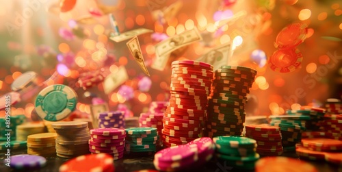 Stacks of Chips with Money Burst A photo of colorful casino chips bursting out of a casino table