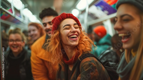 Close-up view of young woman and friends laughing together on a crowded on a bus