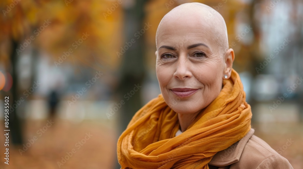 Bald woman close-up portrait in autumn field. Concept of successful cancer cure