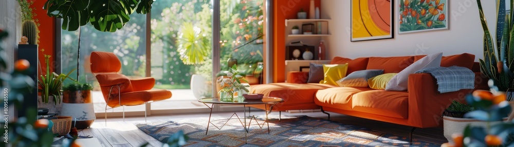 Obraz premium Living room interior with boucle sofa, mock up poster, shelf, plants, decorations, and personal stuff.