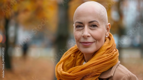 Bald woman close-up portrait in autumn field. Concept of successful cancer cure