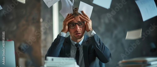 Stressed Businessman Surrounded by Flying Papers. photo