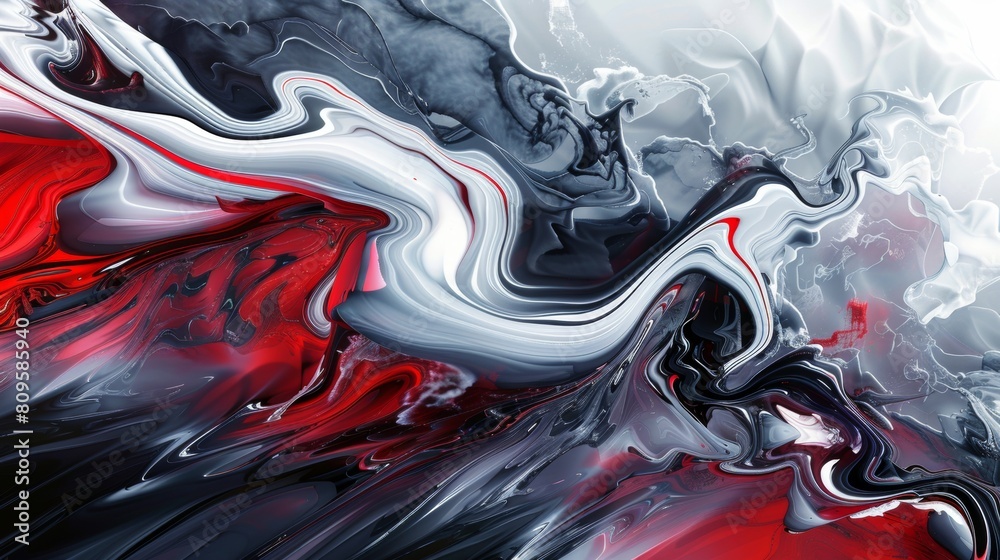 Abstract fluid art background with red, white and black colors, flowing ...