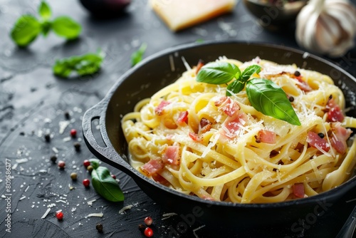 Pasta Carbonara in a Cast Iron Pot, Italian Spaghetti, Fettuccine, Tagliatelle or Alfredo on Black photo