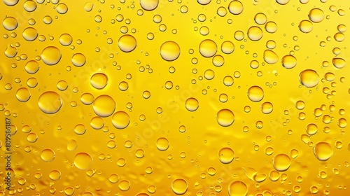 Droplets of condensation water or beer on a yellow glass background. Rain drops on the window, abstract wet texture, a cold beverage or alcohol in a wine glass. Realistic modern illustration.