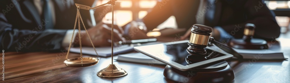 © Антон Сальников - Using tablet computers, people working in teams and reviewing legal case policies in the office. Digital technology, meetings and lawyers working on projects together.