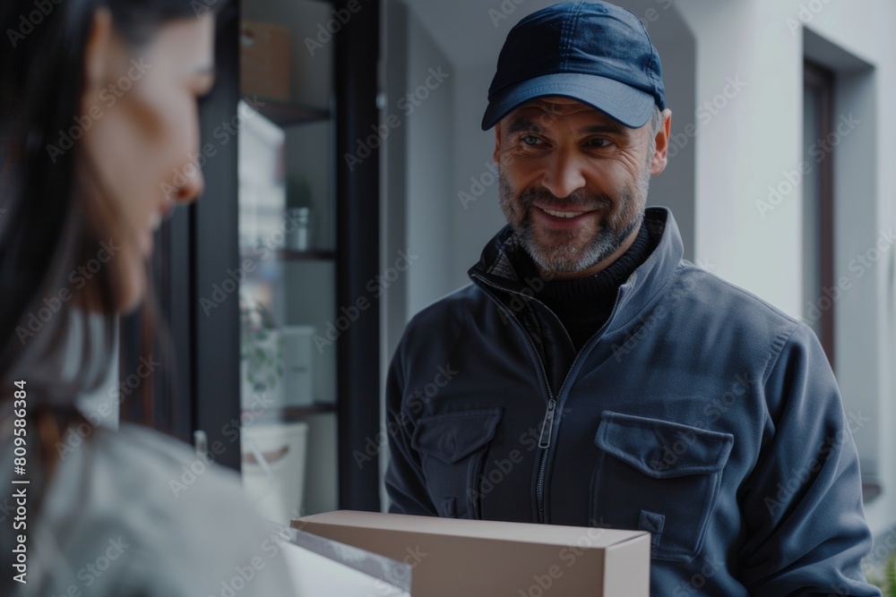 Customer eagerly receiving a shipment of cutting-edge technology products, expressing delight and satisfaction at the convenience of doorstep delivery. Customer eagerly receiving a shipment of cutting-edge technology products, expressing delight and satisfaction at the convenience of doorstep delivery.