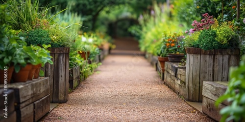 A tranquil garden path lined with wooden planters overflowing with lush greenery and vibrant flowers  evoking serenity