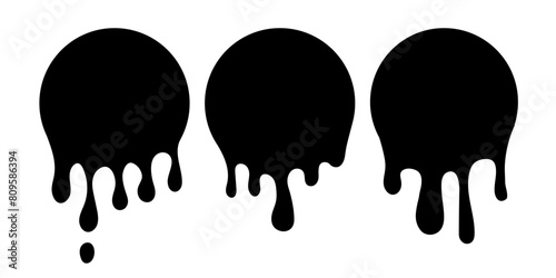 Paint drip circle labels. Black paint liquid. Ink drop set. Black inkblot.