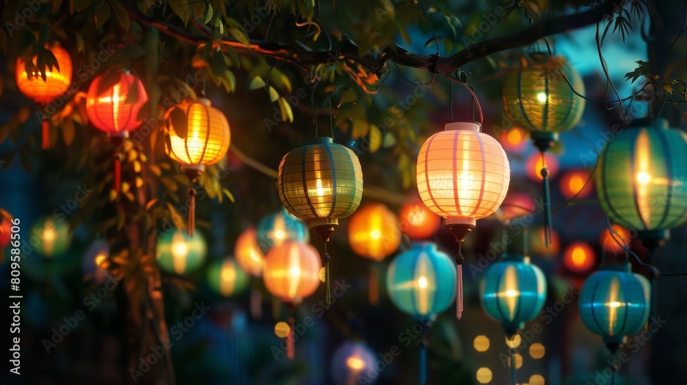 Twilight Glow of Colorful Hanging Lanterns. Twilight Glow of Colorful Hanging Lanterns.