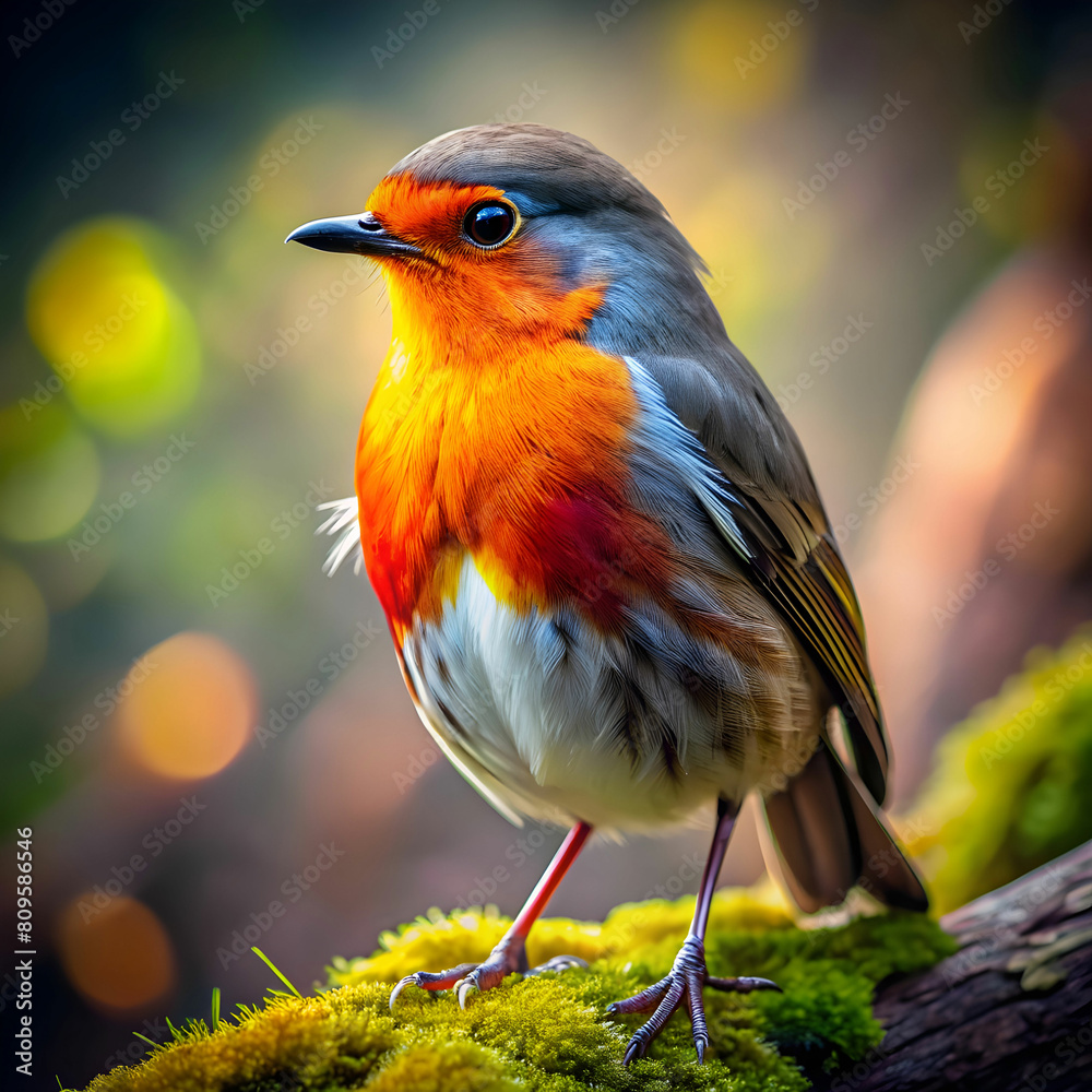 Obraz premium Medium shot, Gray and red feathers on a bird, in the style of yellow and orange, moody lighting, best quality, full body portrait, real picture, intricate details, depth of field, in a forest, fujifil