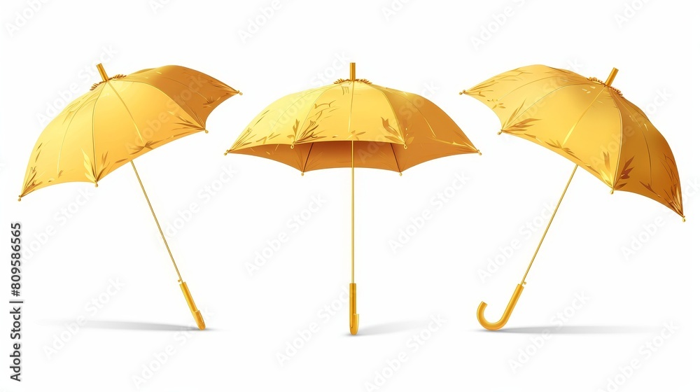 A gold umbrella, a golden parasol, side and front views with shadows, luxury accessories for protecting you from rain or sun beams, a shiny yellow shield isolated on white background, and a realistic