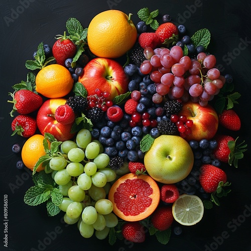 Craft a dynamic and harmonious design showcasing a variety of fruits arranged to represent the classical elements Ensure the layout is visually engaging and balanced