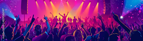 summer music festival illustration featuring a crowd of people enjoying the music, with a stage set up in the center and a large screen displaying the event's details