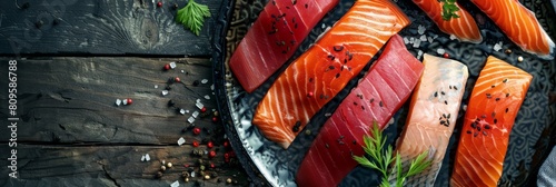 Sashimi, Fresh Seafood Dish, Smoked Salted Raw White Fish Fillet Slices, Red Fish, Toothfish, Salmon photo