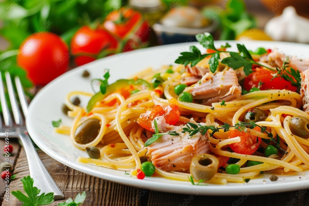Italian Spaghetti with Tuna Fillet and Vegetables on White Restaurant Plate. Fish Pasta with Canned Seafood Italian Spaghetti with Tuna Fillet and Vegetables on White Restaurant Plate. Fish Pasta with Canned Seafood