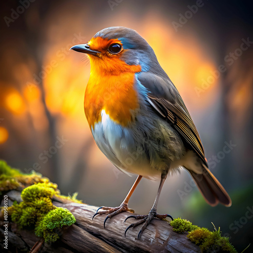 Medium shot, Gray and red feathers on a bird, in the style of yellow and orange, moody lighting, best quality, full body portrait, real picture, intricate details, depth of field, in a forest, fujifil photo