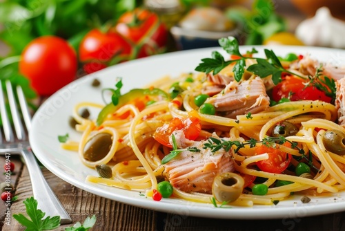 Italian Spaghetti with Tuna Fillet and Vegetables on White Restaurant Plate. Fish Pasta with Canned Seafood