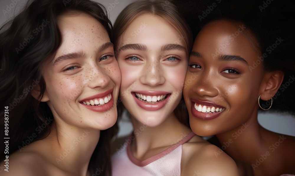 Close up cheerful model looking diverse women with perfect skincare and teeth with toothy smile as inclusion and acceptance concept Close up cheerful model looking diverse women with perfect skincare and teeth with toothy smile as inclusion and acceptance concept