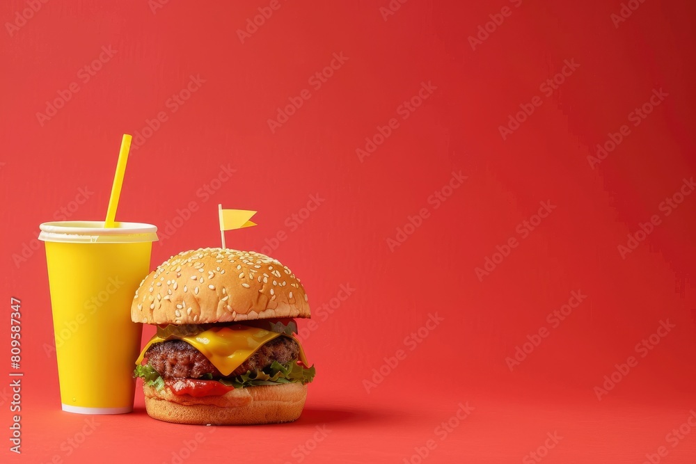 Classic American burger with juneteenth flag on the top and yellow paper cup with straw over red background. Close-up with selective focus with generative ai Classic American burger with juneteenth flag on the top and yellow paper cup with straw over red background. Close-up with selective focus with generative ai