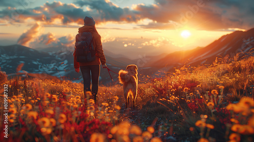 Beautiful woman leads a dog on a leash with a backpack on the back. Travel high in the mountains under beautiful lights. of spring and wonderful nature, 3D render, 8k, sharp, style of hyperrealistic a