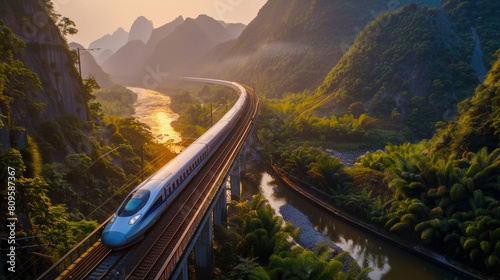 A high-speed train races through the mountains at sunrise, leaving a trail of blue light behind it. Beside the tracks is a river surrounded by lush greenery and golden foliage.