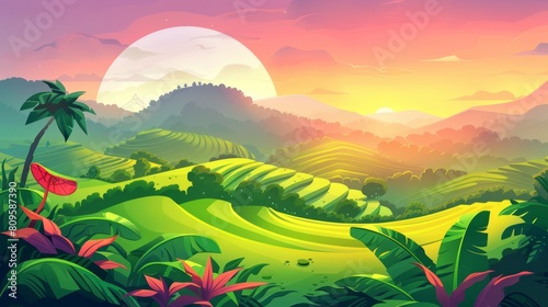 Modern illustration of summer landscape with crop plantation on hills at sunrise. Asian terraced farmland and sun rays. Visualizing rice fields in the morning. photo