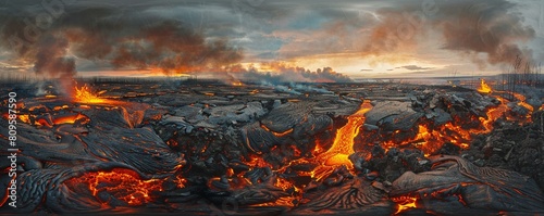 Bring the raw power of volcanic landscapes to life in a panoramic view that captivates viewers Show the contrast between the destructive force of lava and the breathtaking beauty of nature intertwined
