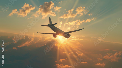 A plane glides in the sky as the sun casts its golden rays.