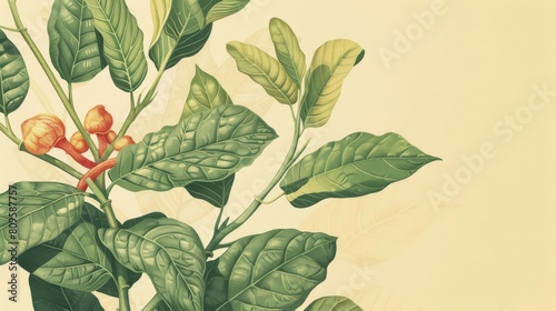 Contemporary botanical illustration of Ashwagandha root, focusing on stress reduction, with top copy space
