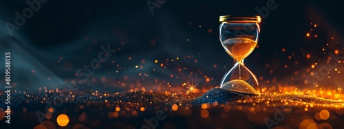 An hourglass with glowing sand flowing, symbolizing the passage of time on a dark background.