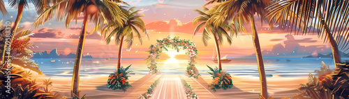 tropical beach wedding illustration featuring palm trees and a serene blue water backdrop photo