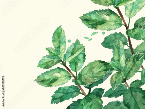 Scientific illustration of Peppermint leaves, highlighting digestive benefits, with bottom copy space