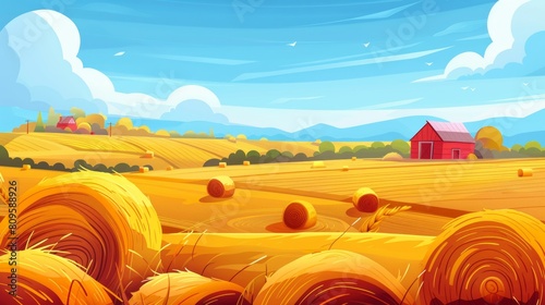 Cartoon illustration of rural landscape with hay bales on a farm field. Round wheat straw rolls, yellow haystacks, white barns and round wheat straw rolls. photo