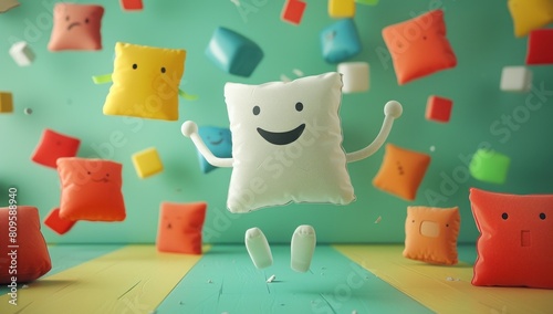 Capture the delightful silliness of customer rating icons engaged in a friendly pillow fight  their exaggerated movements and expressions adding charm against a colorful green surface.