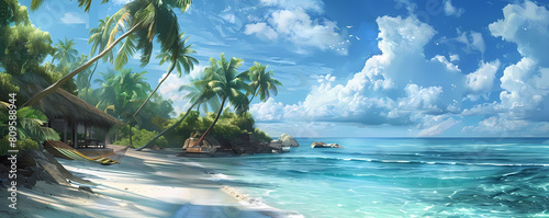 tropical island getaway scene featuring a small boat on blue water under a white and blue sky