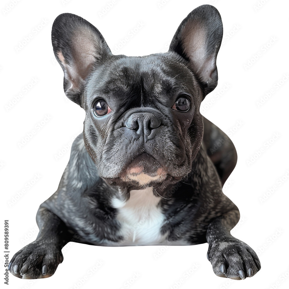 A detailed portrait of a black French bulldog looking directly at the camera transparent background PNG