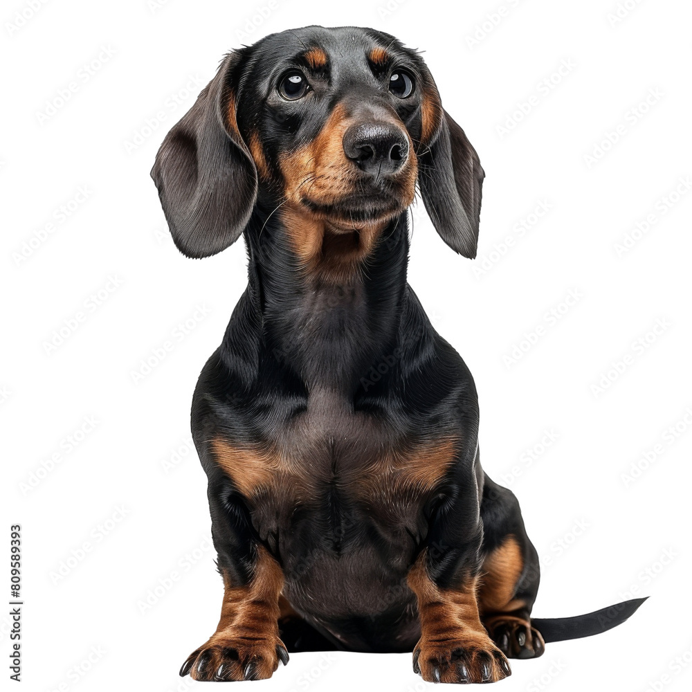 A focused black and tan Dachshund sitting transparent background PNG