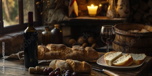 A warm, rustic setting with wine, bread, and grapes near a glowing fireplace