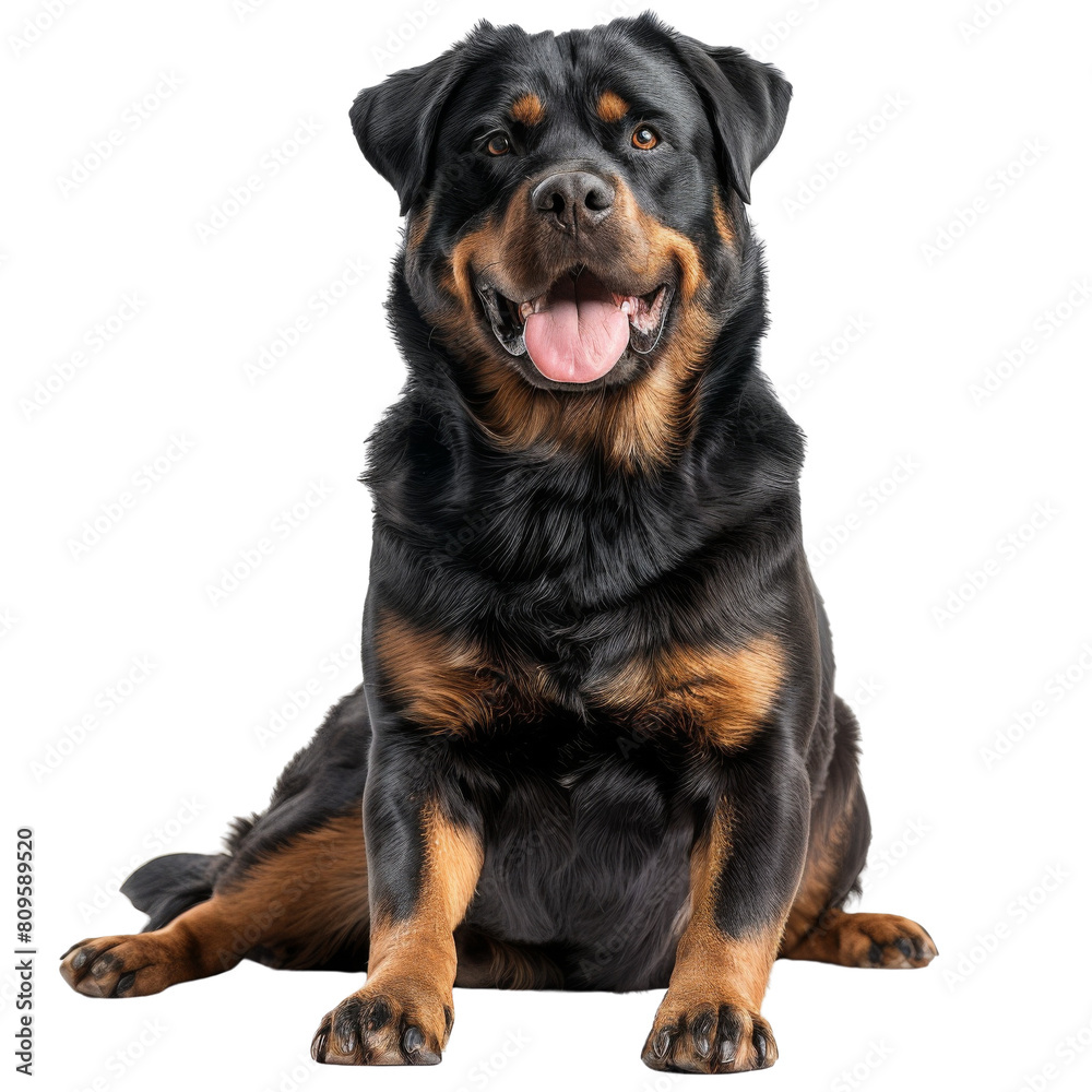 A cheerful Rottweiler sitting with a broad smile transparent background PNG