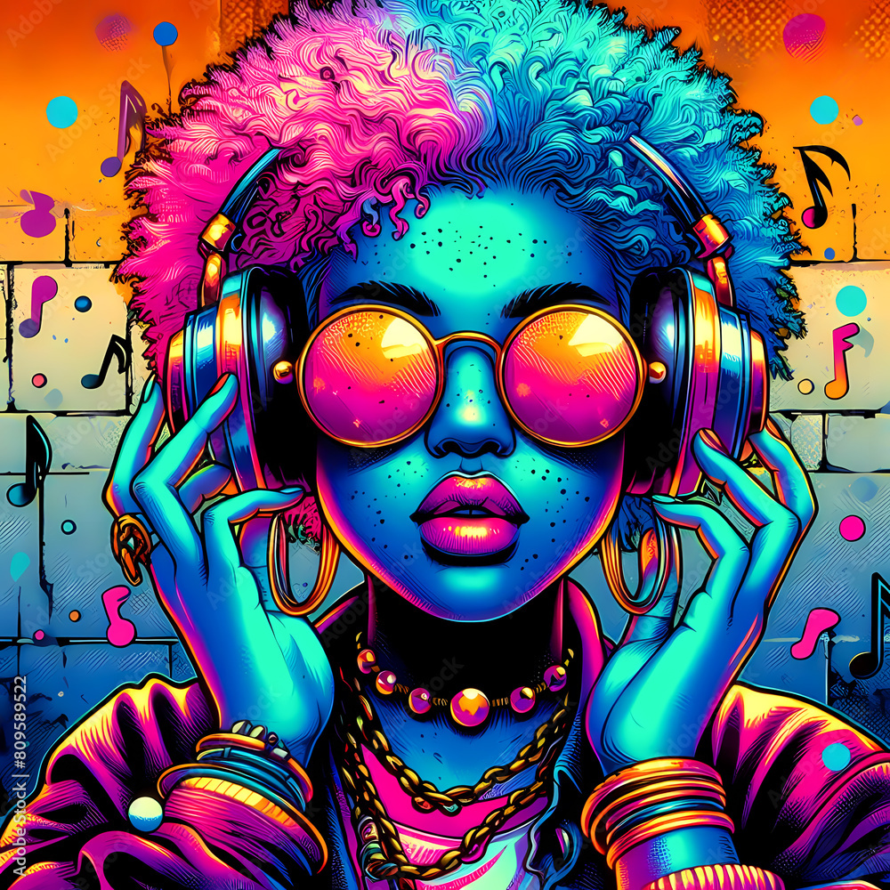 Digital art vibrant colorful cool hiphop baby wearing headphones vibin to music